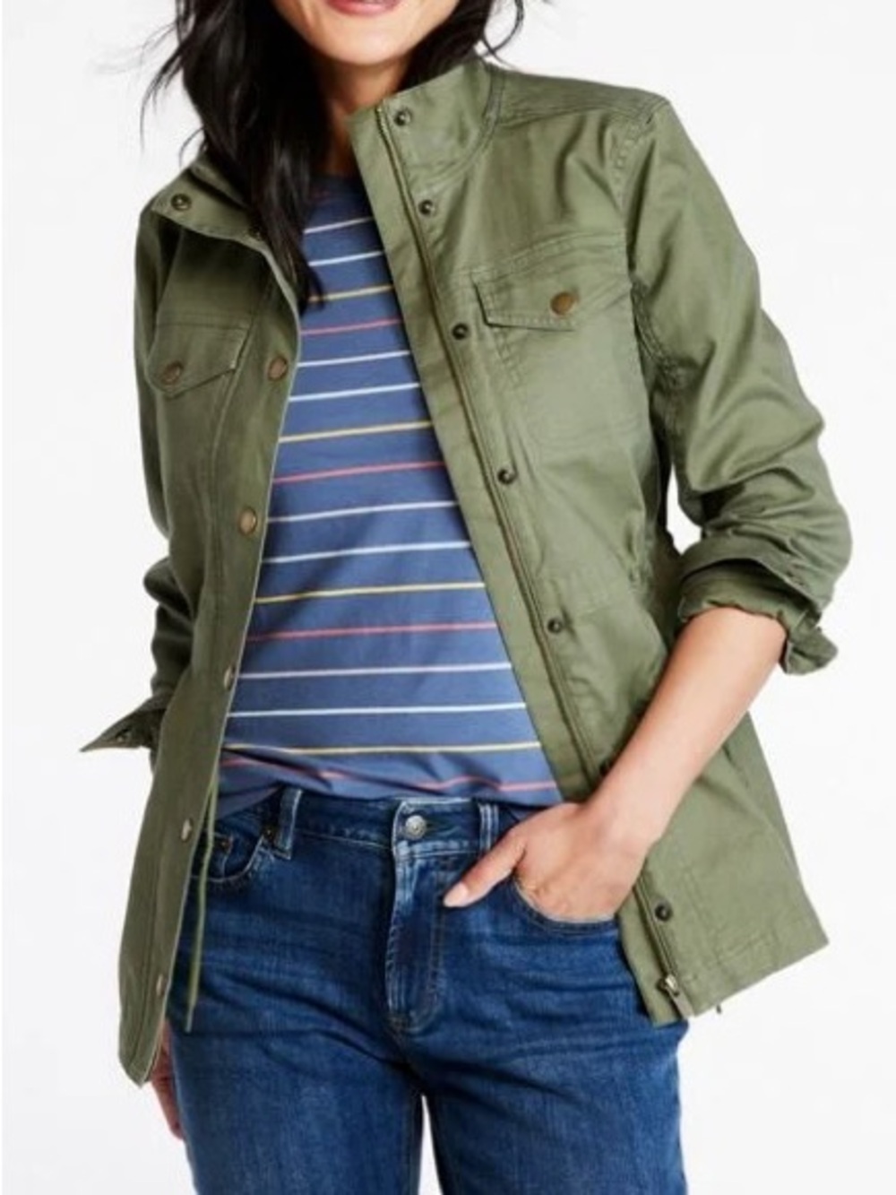 LL Bean Utility Field Jacket In Olive Green Size Large Petite Navy Flannel Lined